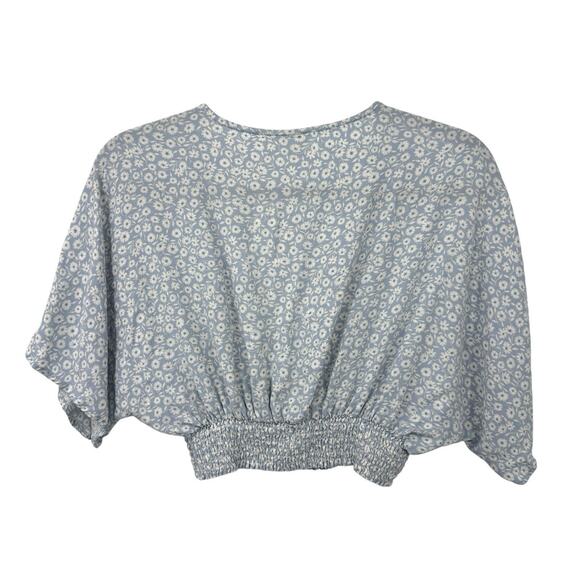 Bohme Smocked Crop Top Medium Baby Blue Ditzy Floral Dolman Sleeve Shabby Chic - Picture 6 of 10